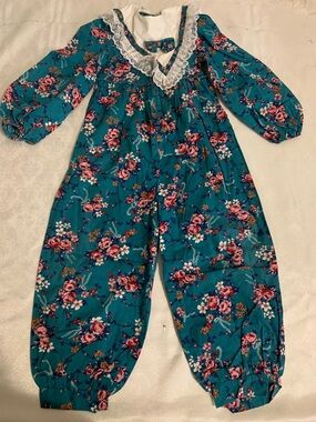 70s/80s Teal Floral Lace-Trim Jumpsuit
